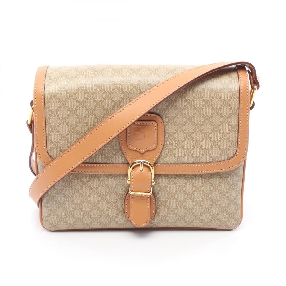Celine Macadam Shoulder Bag Canvas Leather Beige Tones Tan Brown